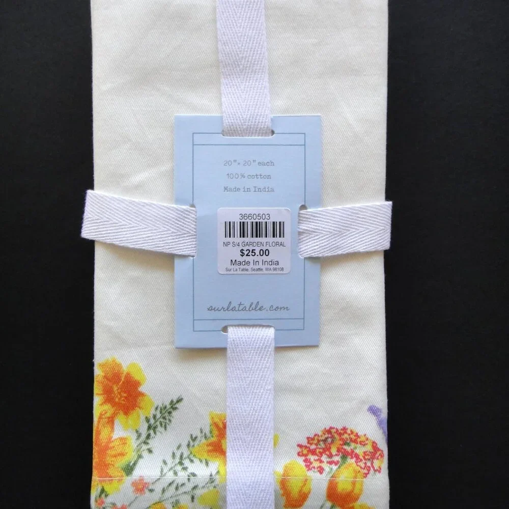 Sur La Table GARDEN FLORAL Napkins 20 x 20 Set 4 100% Cotton Multicolor Flowers